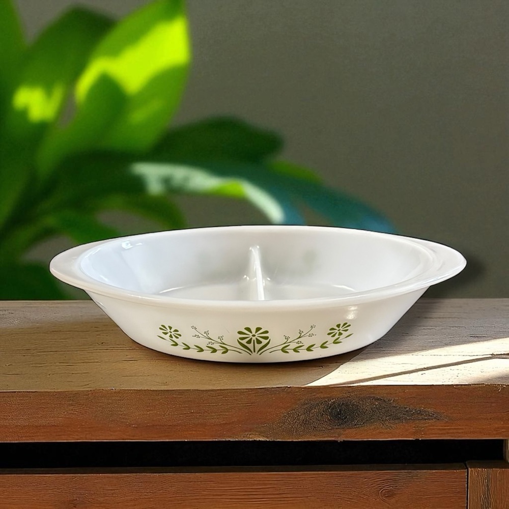 Vintage Pyrex Glasbake Green Daisy Divided Dish Perfect Condition